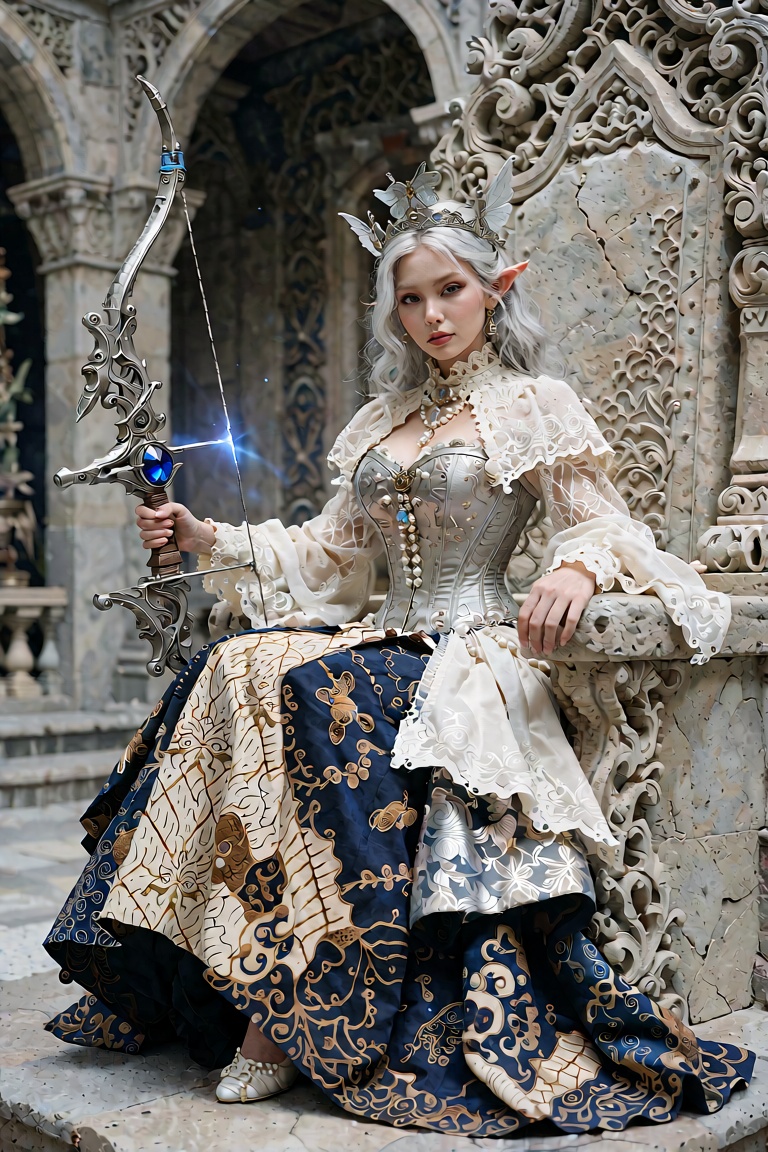 A hyper-detailed,  high-angle cinematic fantasy photograph of a regal Asian elven princess sitting elegantly on an ornate,...