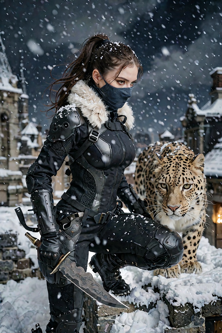 A hyper-detailed,  high-angle cinematic fantasy photograph of a stealthy brunette female assassin standing defensively on...