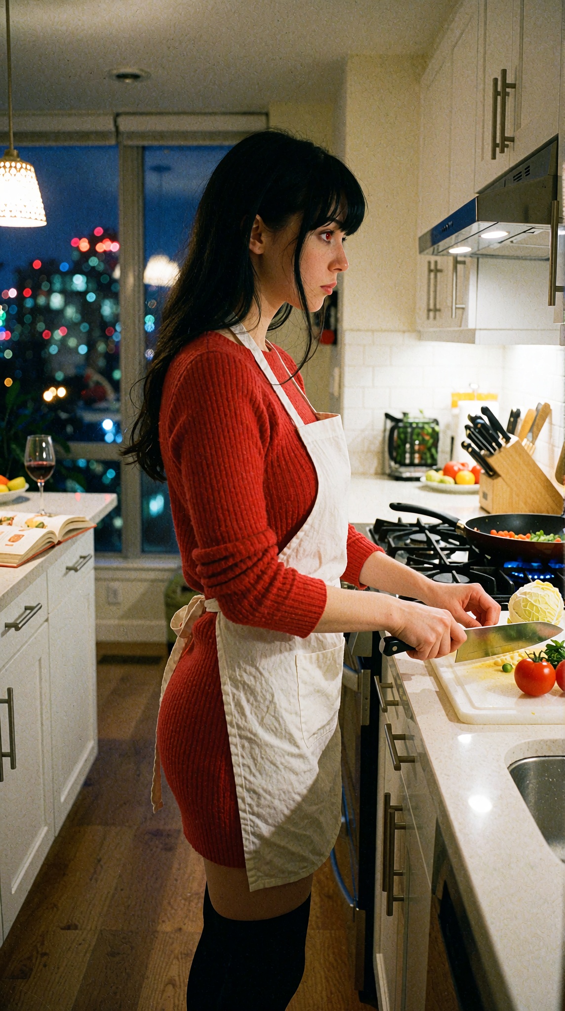 35mm film photograph,  side view. Right side of frame: a modern apartment kitchen — white cabinets,  a stovetop with a pan...