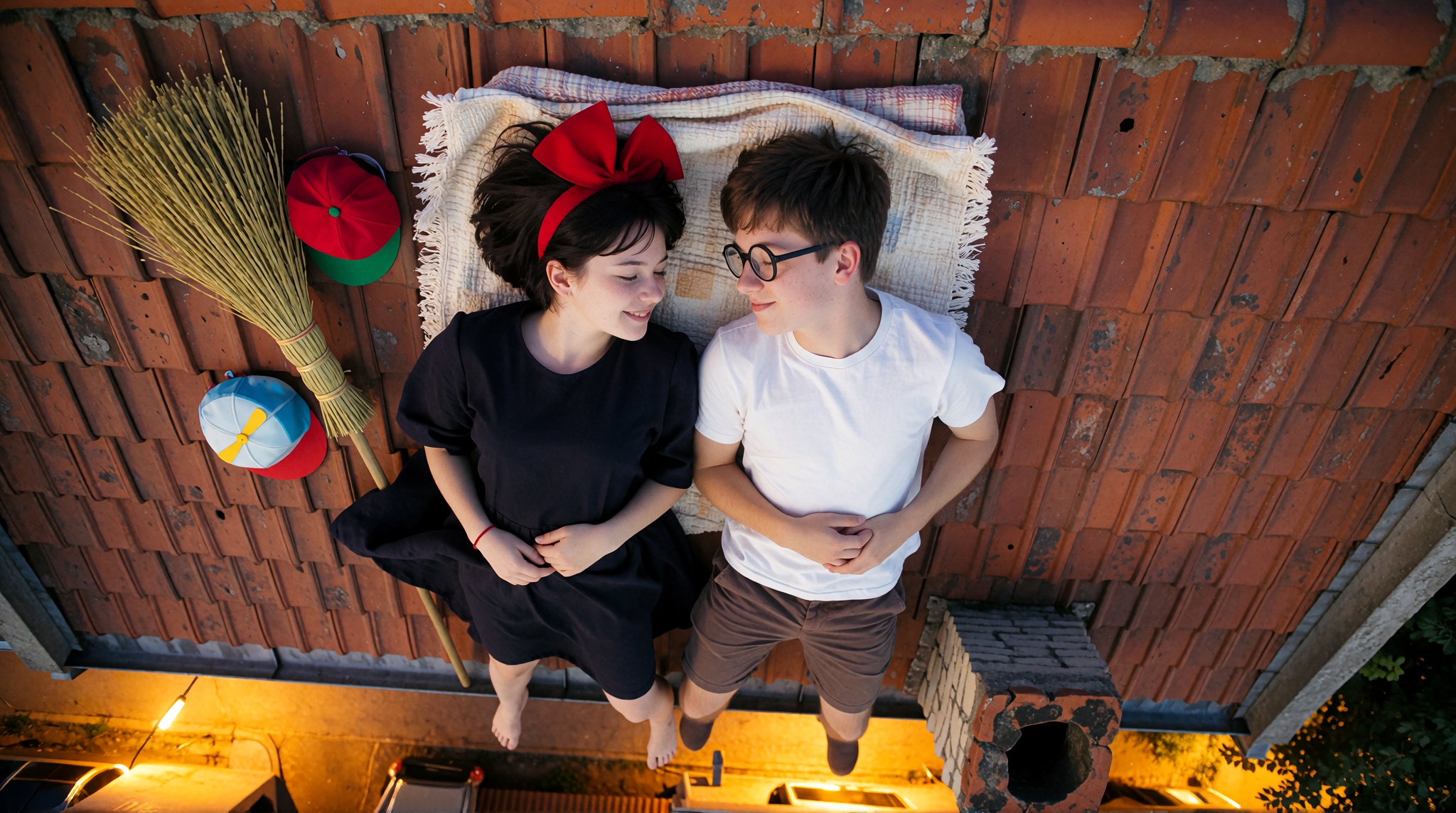 Candid photo,  top-down photo looking straight down at a red-tiled rooftop. Top of frame: two heads on a folded blanket —...