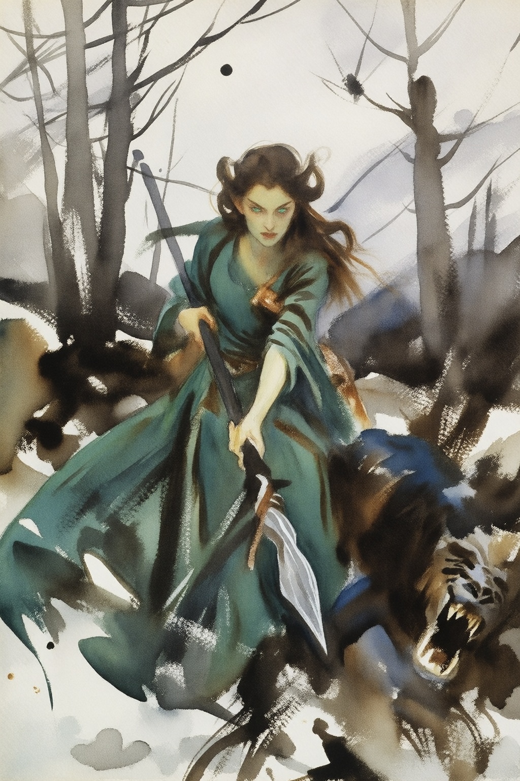 {"high_level_description":"Watercolor painting of a fierce elven warrior in a tattered green gown,  standing amidst a chao...