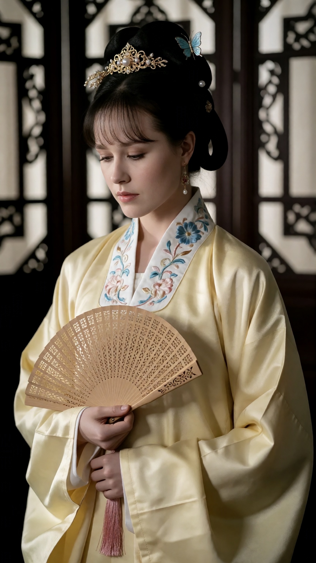 Evan Rachel Wood,  A young woman with East Asianwith delicate features and pale skin is captured in a pensive,  a young wo...