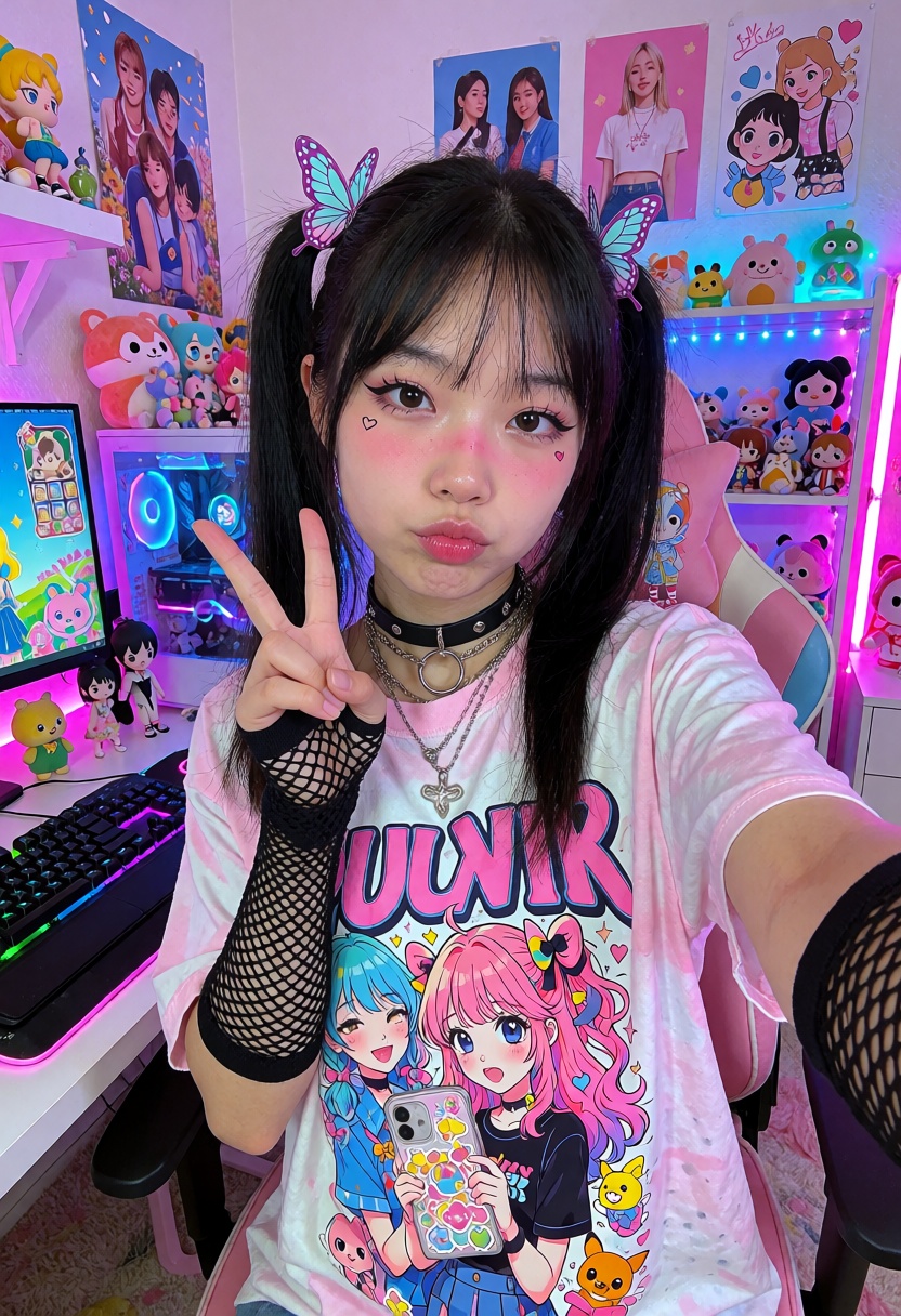 A cute asian e-girl in her early twenties takes a mirror selfie,  korean girl,  cute on Tensor.Art