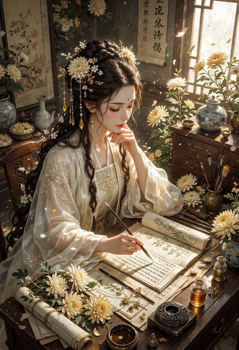 Semi-realistic 2.5D anime illustration. An elegant ***** woman in her late twenties sits at an antique writing desk inside...
