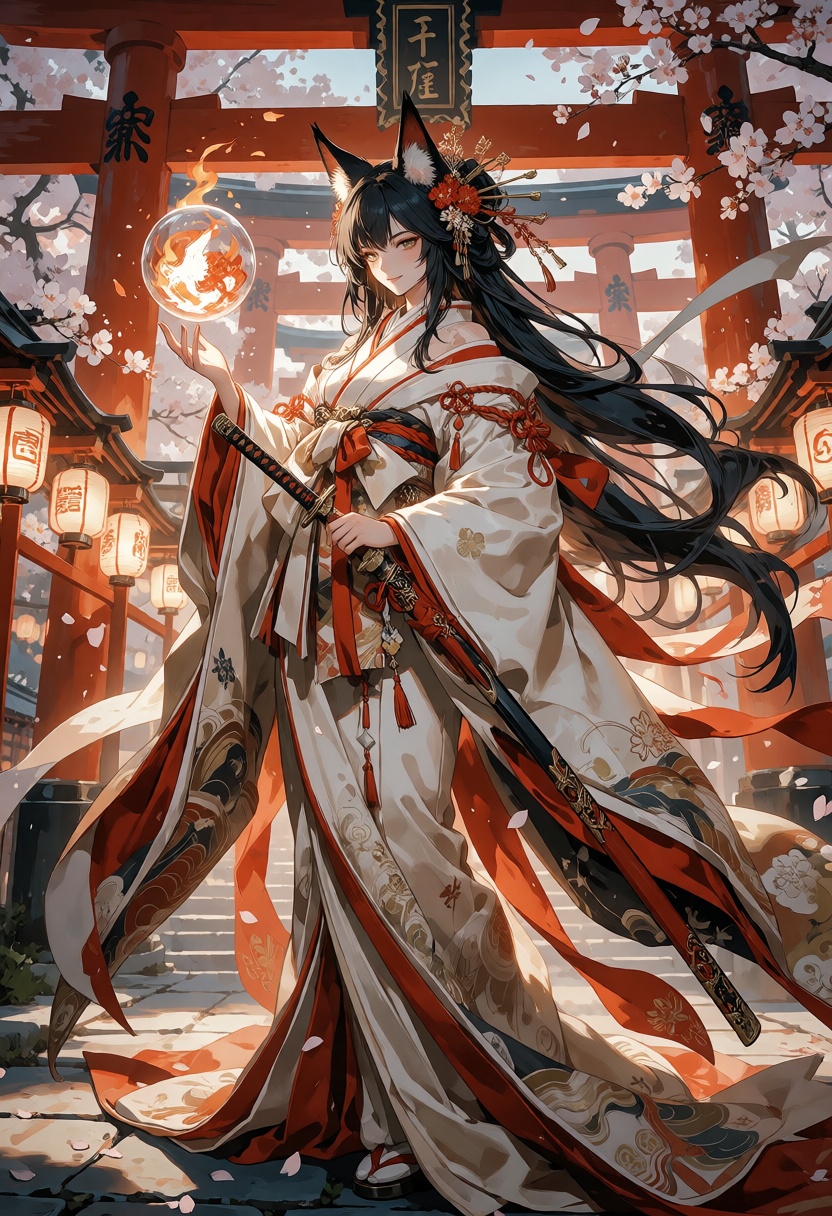 grimmsfantasy,  Create a premium contemporary anime illustration of an ***** fox shrine maiden standing gracefully beneath...
