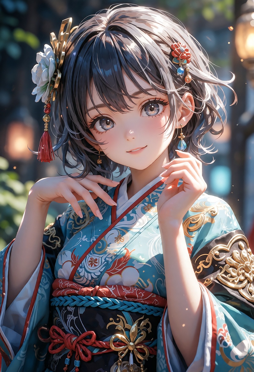 A cute anime girl stands gracefully at the center of the composition,  wearing a sweet yet confident smile while gazing so...