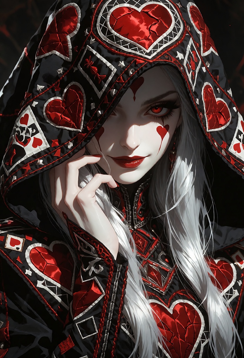 A vertical close-up portrait of a clearly ***** dark fantasy card queen,  her face partially concealed beneath an enormous...