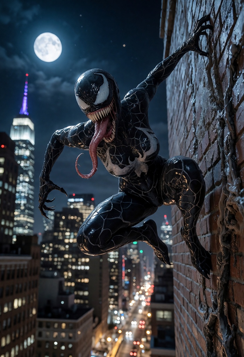 new york city. Female venom symbiot. Full slimy black symbiot body suit. She is crawling on side of the building. Her tong...