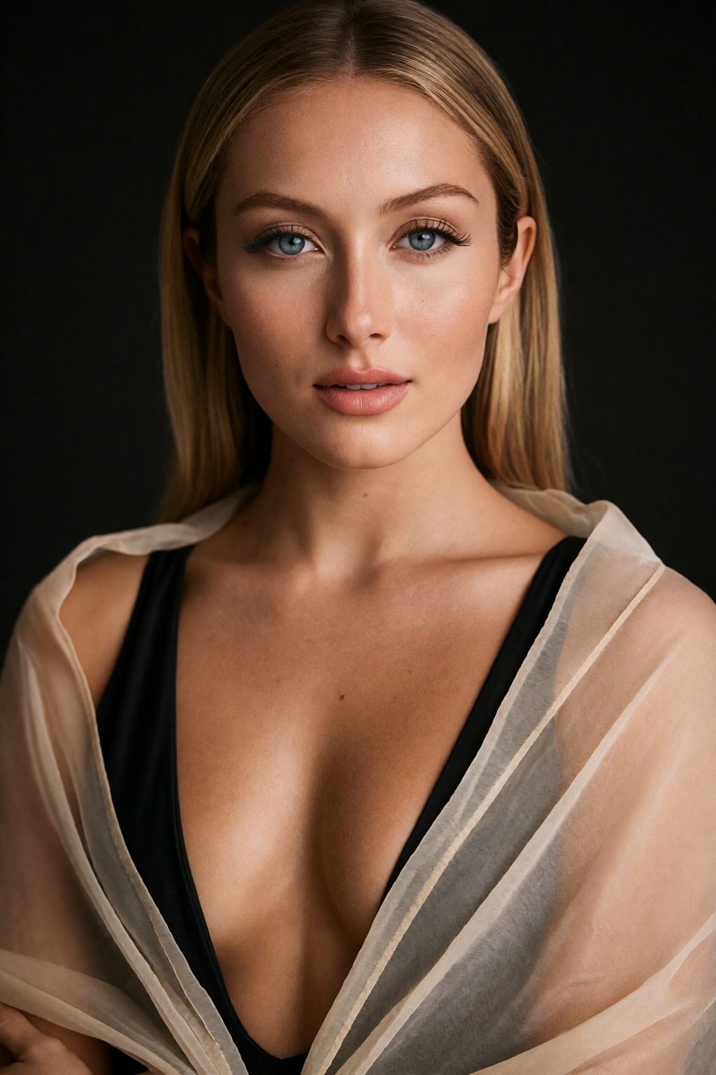 A striking high-fashion cover portrait features woH34rd,  a woman with sleek,  pin-straight ash-blonde hair on Tensor.Art