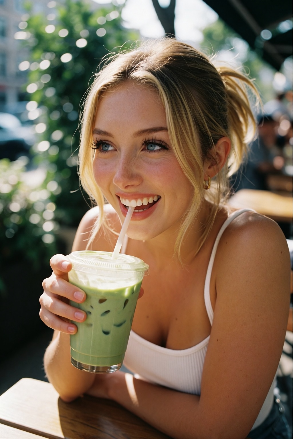 An authentic candid photo captured for an Instagram feed shows woH34rd,  a young woman with sun-kissed golden-blonde hair...