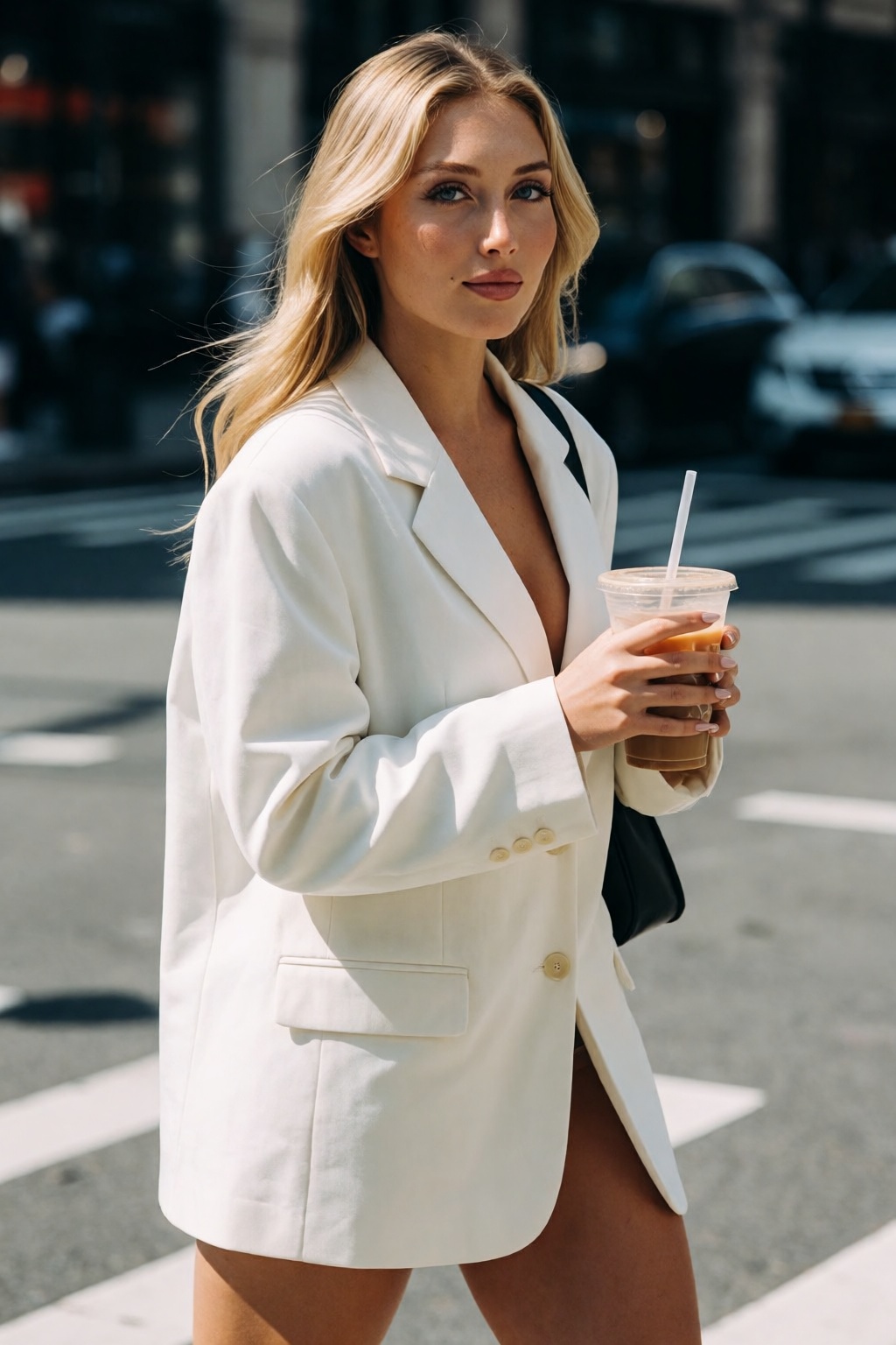 An elevated candid street-style shot captures woH34rd,  a woman with sleek blonde hair flowing over the shoulders of an ov...