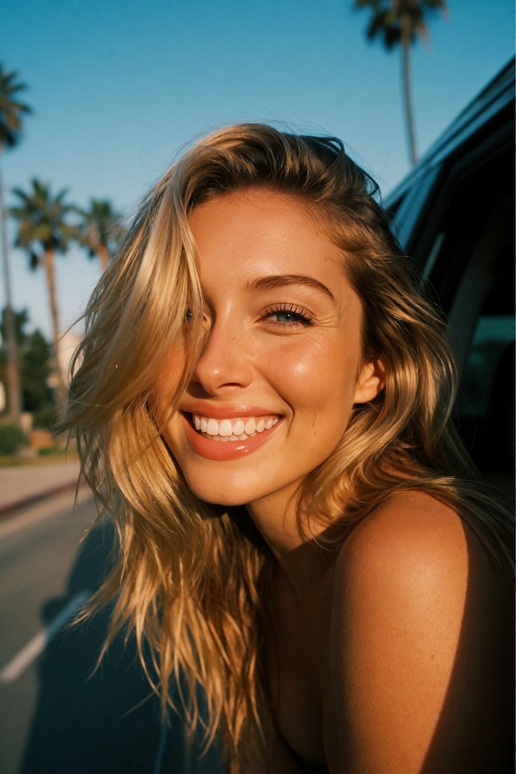 A casual,  spontaneous snapshot for a story update features woH34rd,  a woman with wind-muffled honey-blonde hair falling...