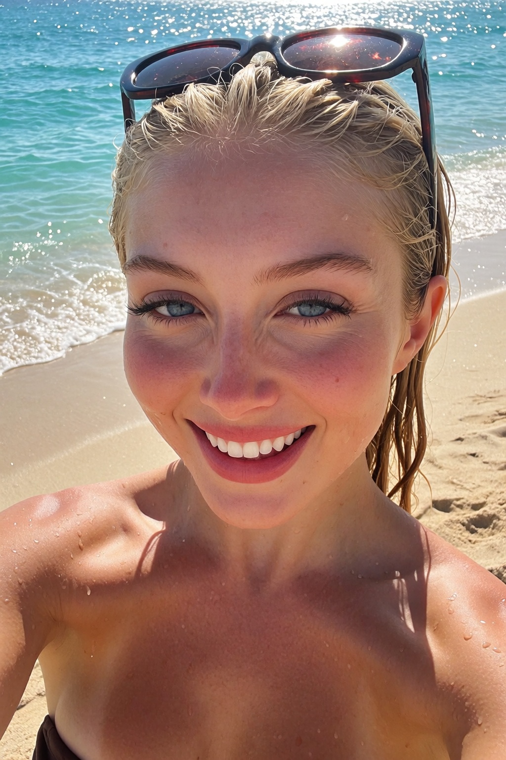 A vibrant outdoor beach selfie features woH34rd,  a woman with sleek,  wet platinum-blonde hair slicked back on Tensor.Art