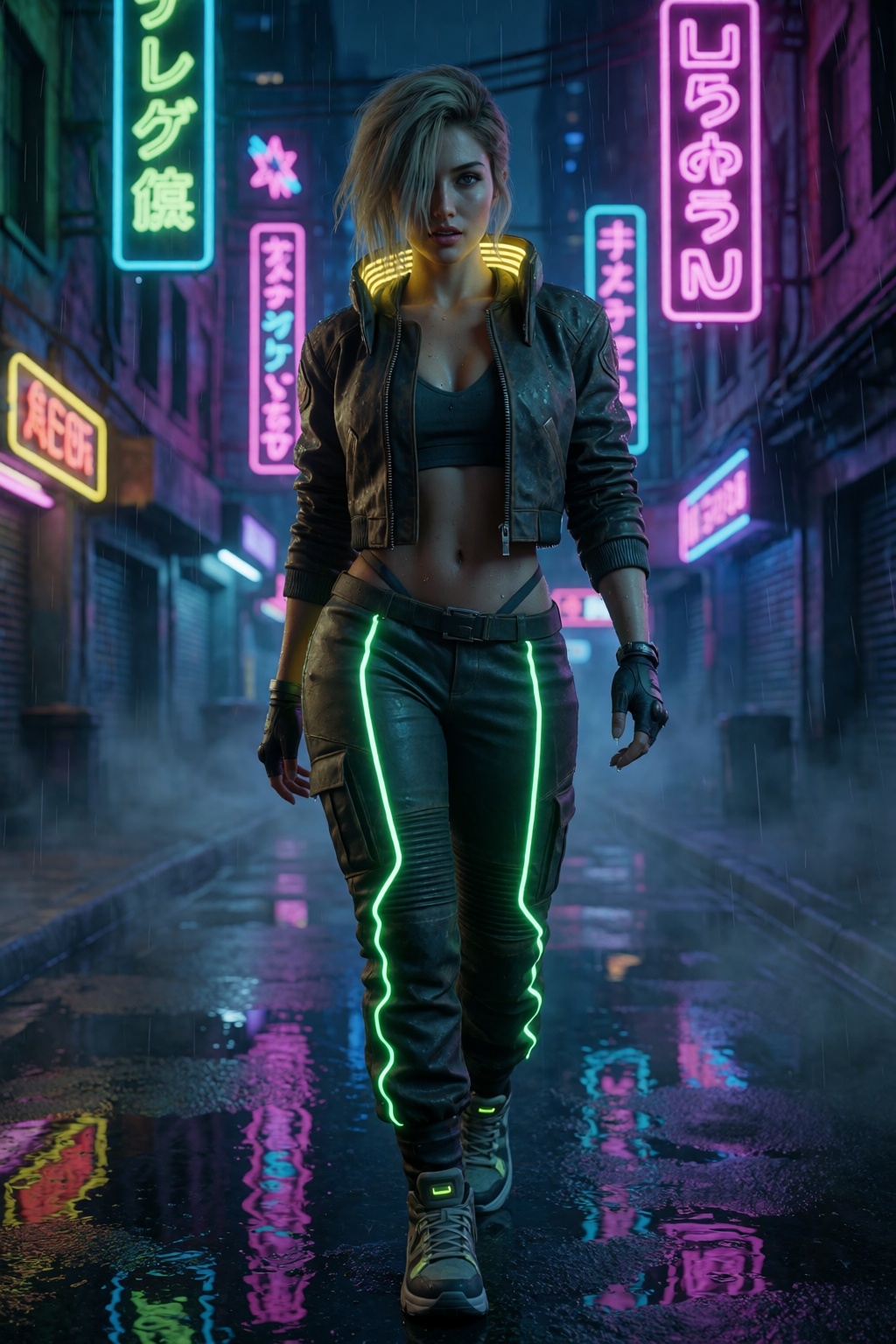 An atmospheric full-body cinematic portrait captures woH34rd,  a woman with tousled ash-blonde hair falling across her fac...