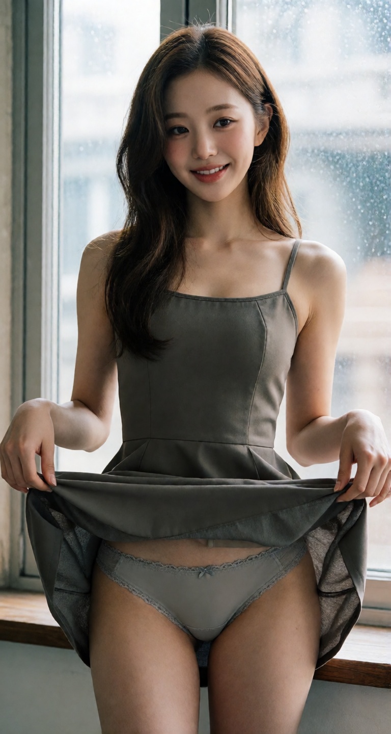 A medium shot from a front angle captures a toned,  beautiful girl.looking at viewer with smiles. She stands solo in front...