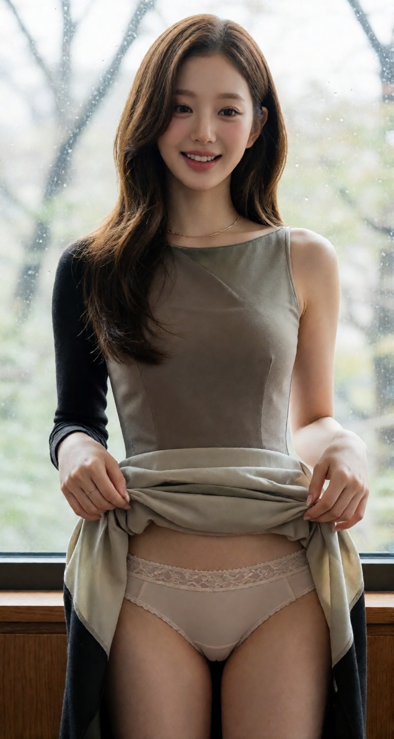 A medium shot from a front angle captures a toned,  beautiful korean girl.looking at viewer with smiles. She stands solo i...