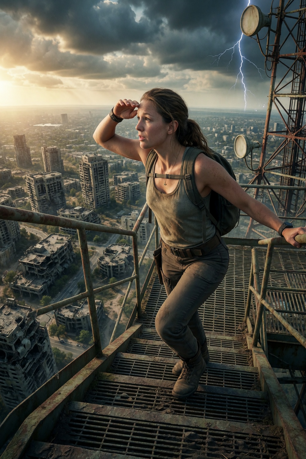 Produce a cinematic survival scene featuring woM3l1st climbing the stairs of a forgotten communications tower overlooking...