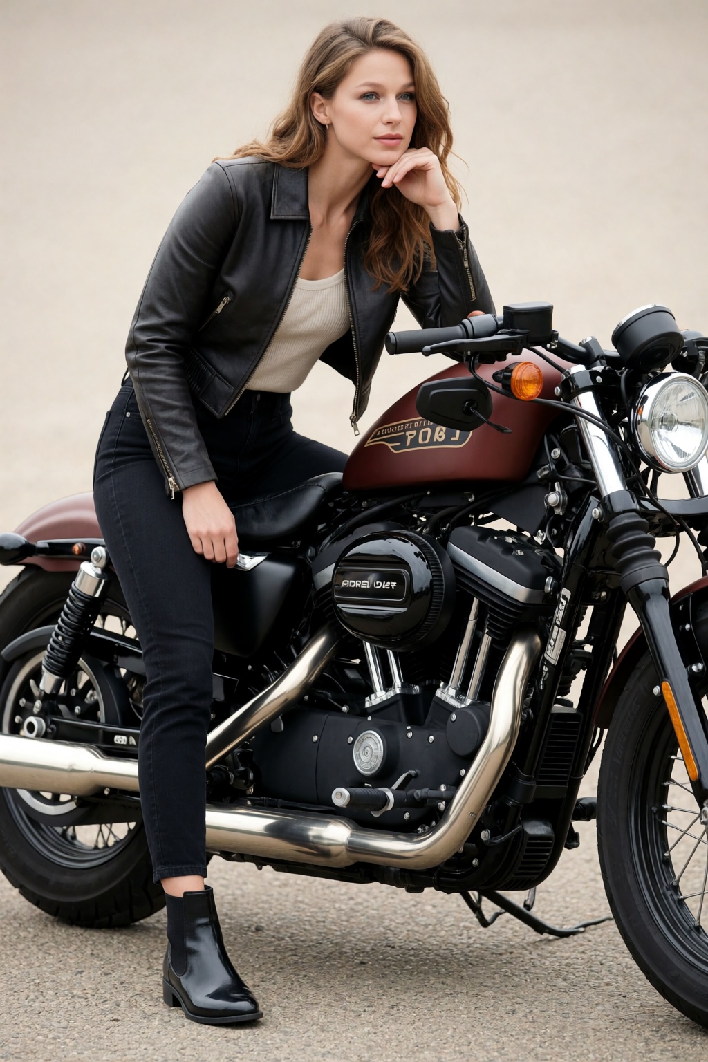 Create a fashion editorial featuring woM3l1st beside a beautifully customized Harley-Davidson Sportster with tasteful modi...