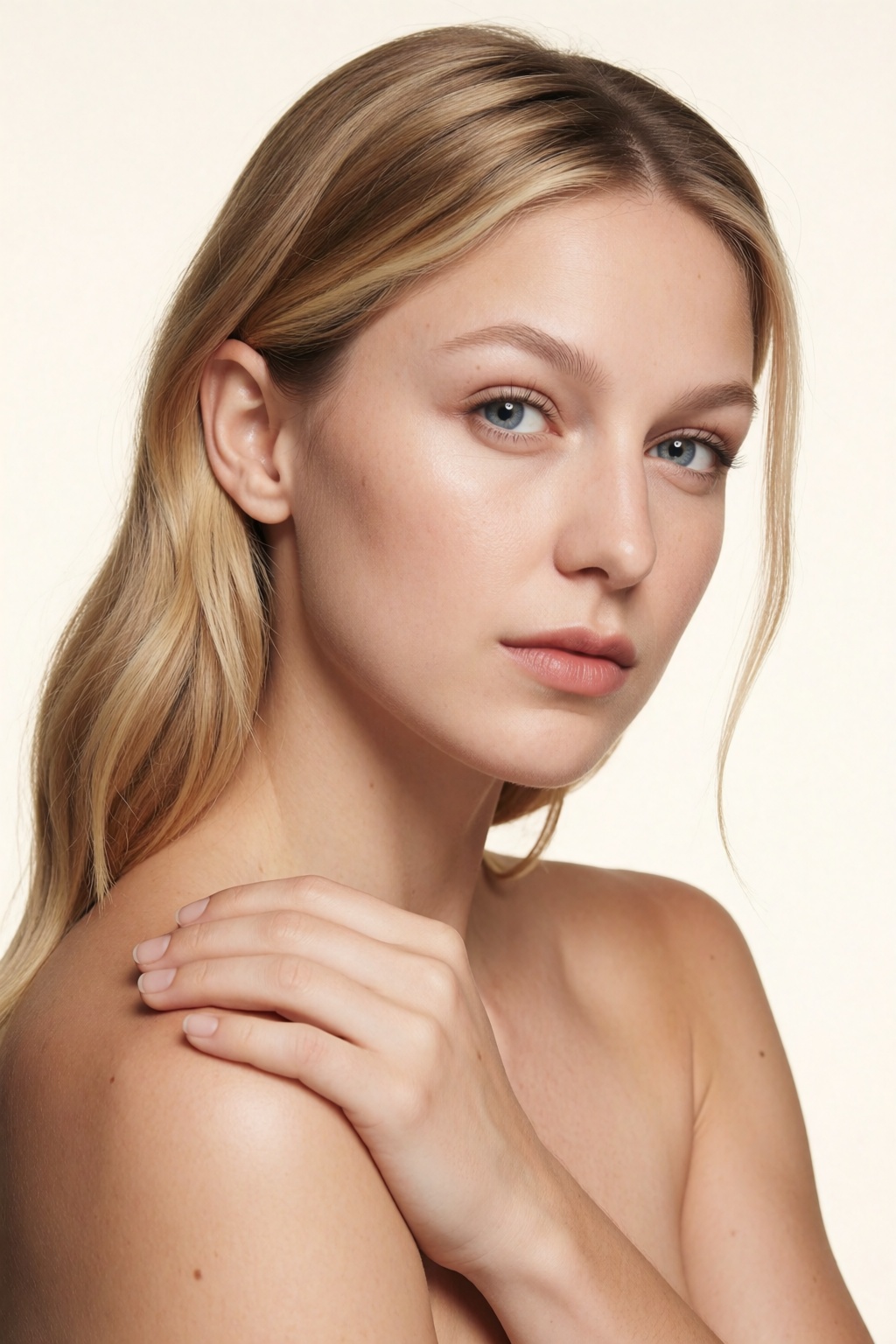Create a timeless beauty editorial featuring woM3l1st against a seamless ivory background. Her blonde hair is tucked behin...
