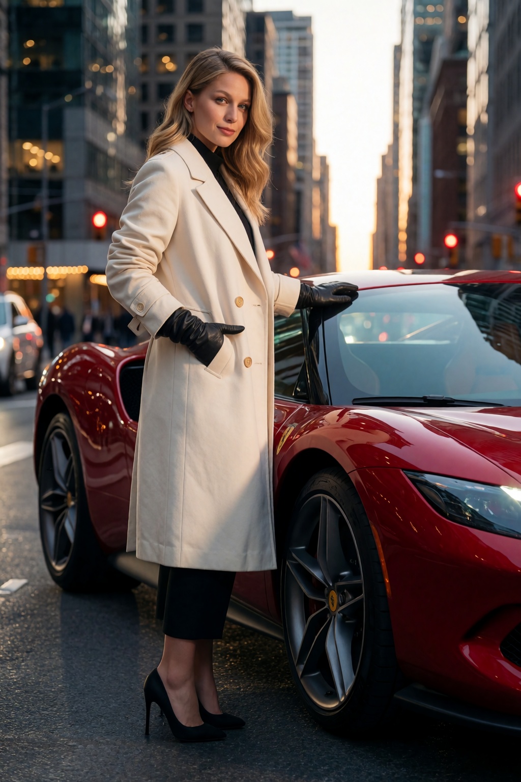 Create a cinematic fashion portrait of woM3l1st standing beside a deep red Ferrari 296 GTB parked beneath elegant city lig...