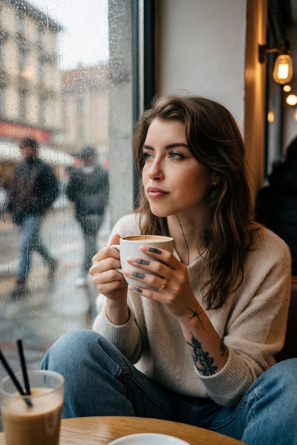 An intimate Instagram-style photograph of wo3dvy sitting beside a rain-covered café window on a quiet afternoon. Her brown...