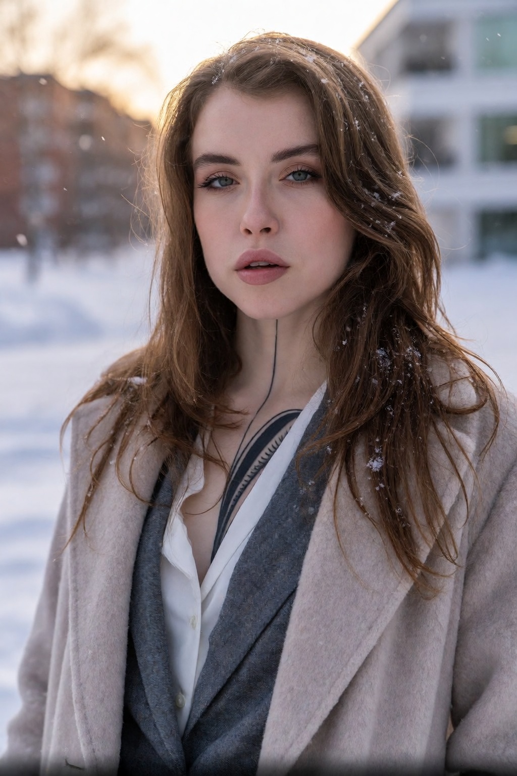 A winter editorial portrait of wo3dvy,  standing outdoors during gentle snowfall with long brown hair partially catching d...