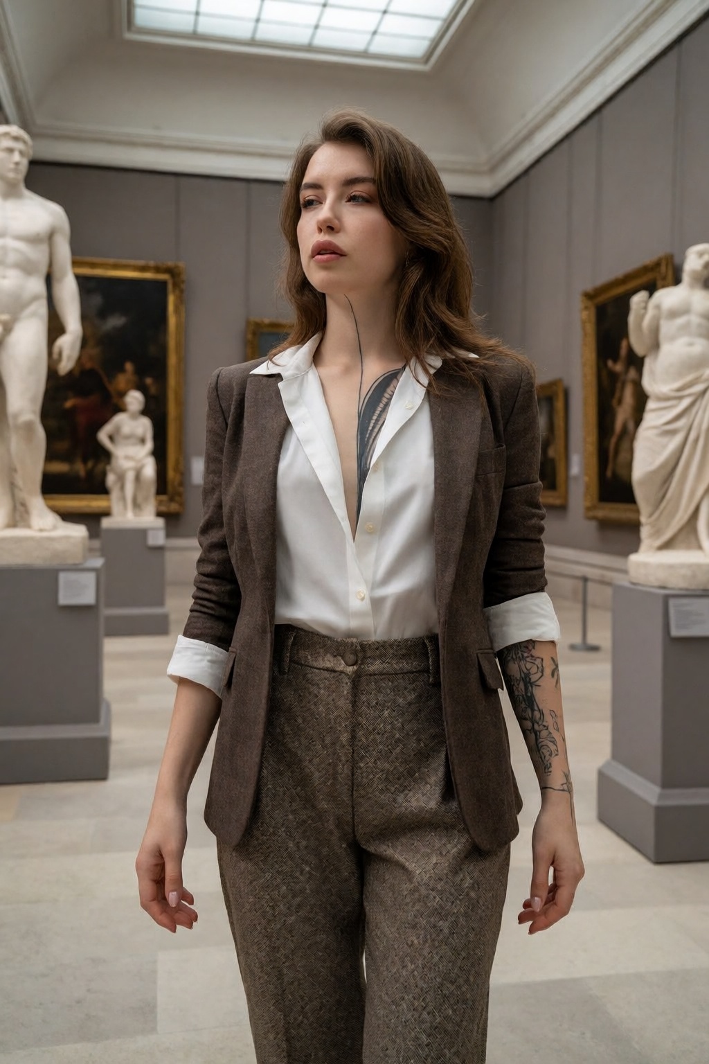 An elegant editorial scene inside a world-class fine art museum featuring wo3dvy,  a brown-haired woman with tasteful tatt...