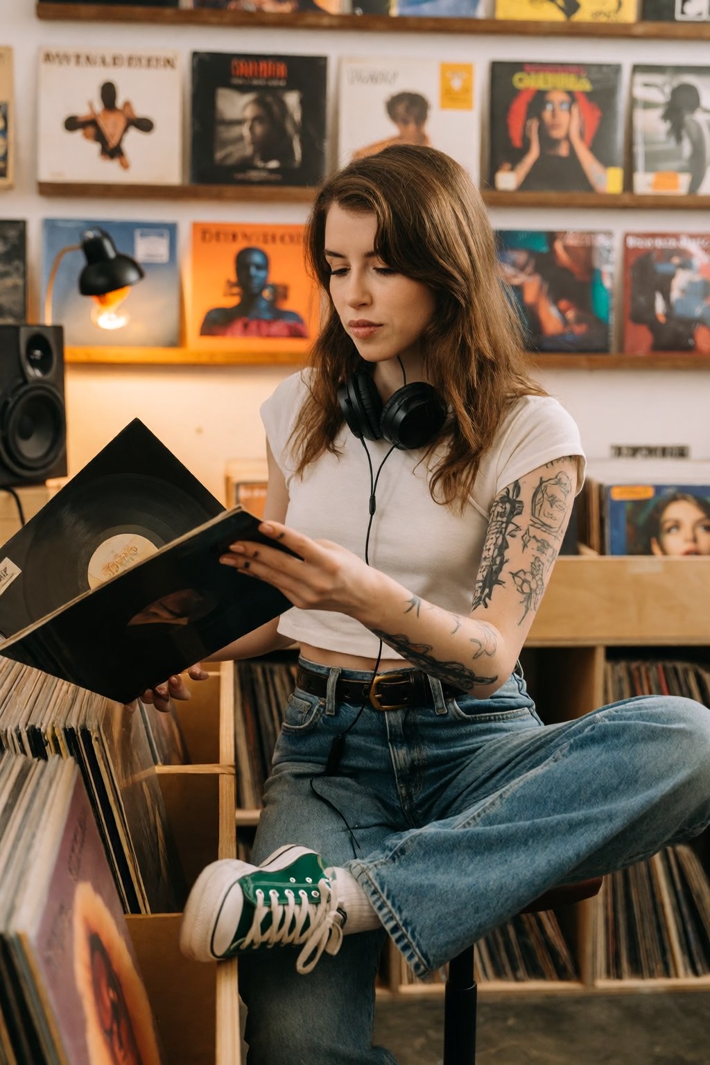 A casual Instagram photo of wo3dvy,  a brown-haired woman with subtle tattoos,  flipping through vinyl records inside a st...