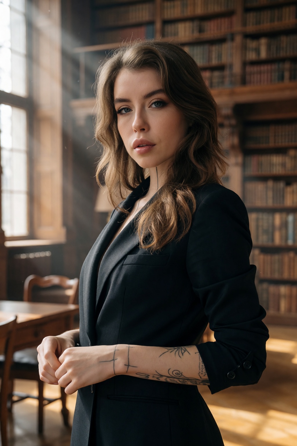 A cinematic portrait of wo3dvy,  a woman with flowing brown hair and tasteful tattoos,  standing inside an enormous histor...