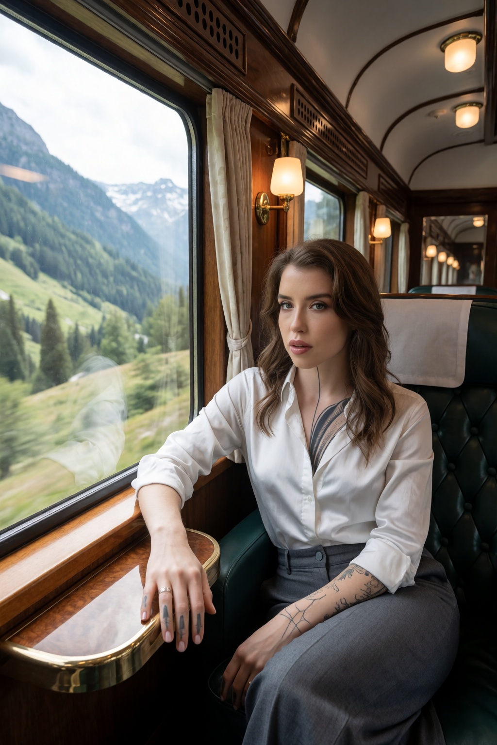 Inside a beautifully restored luxury train traveling through breathtaking mountain landscapes,  wo3dvy sits comfortably be...