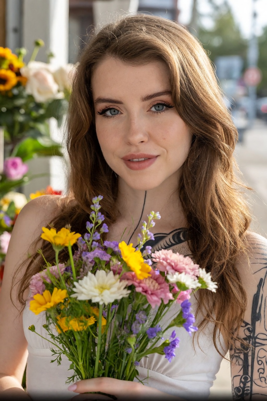 A charming portrait of wo3dvy visiting a local flower shop on a sunny afternoon. Her long brown hair frames her face natur...