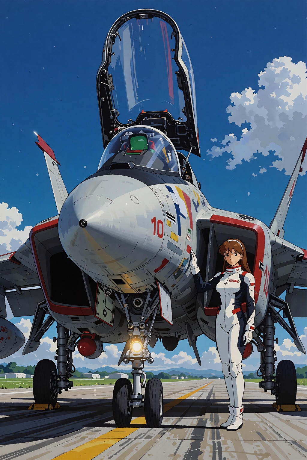vintange aviation poster in the Macross anime media franchise. The aircraft and the female pilot have a futurisitc feel to...