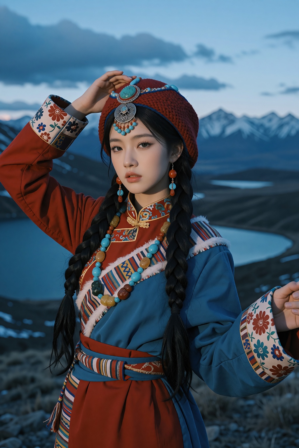主体：清冷氛围感东亚少女,  乌黑粗长多股藏式麻花辫,  妆容精致 on Tensor.Art