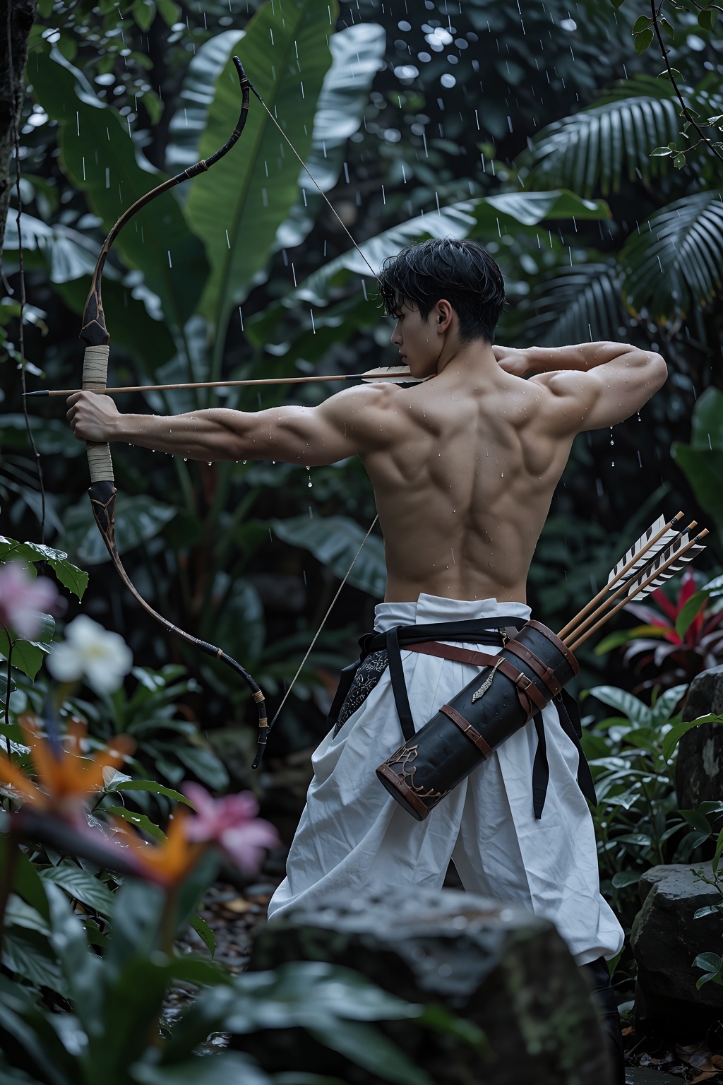 2:3 竖版构图,  中景户外人像摄影,  热带雨林花园场景。一位年轻东亚男性背对镜头 on Tensor.Art