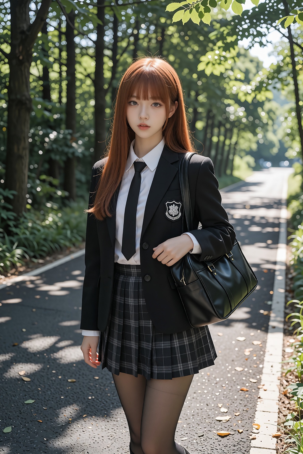 画幅比例2:3,  主体为一位气质清冷甜美的年轻东亚女高中生,  造型是一头顺滑的红棕色(#CD5C5C) 齐刘海长直发 on Tensor.Art