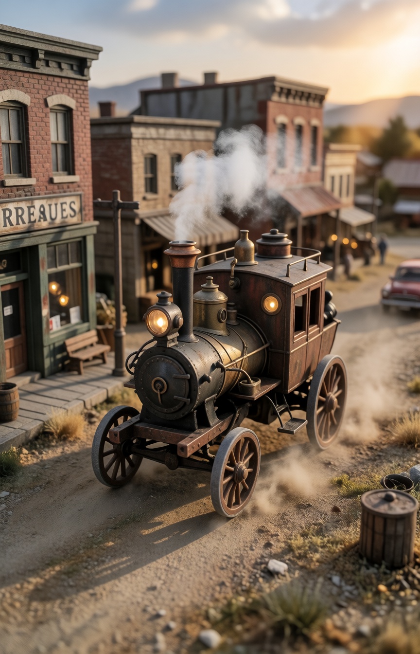 Miniature world,  steampunk steam-powered carriage racing down a dirt main street of a desert town at golden hour,  glowin...