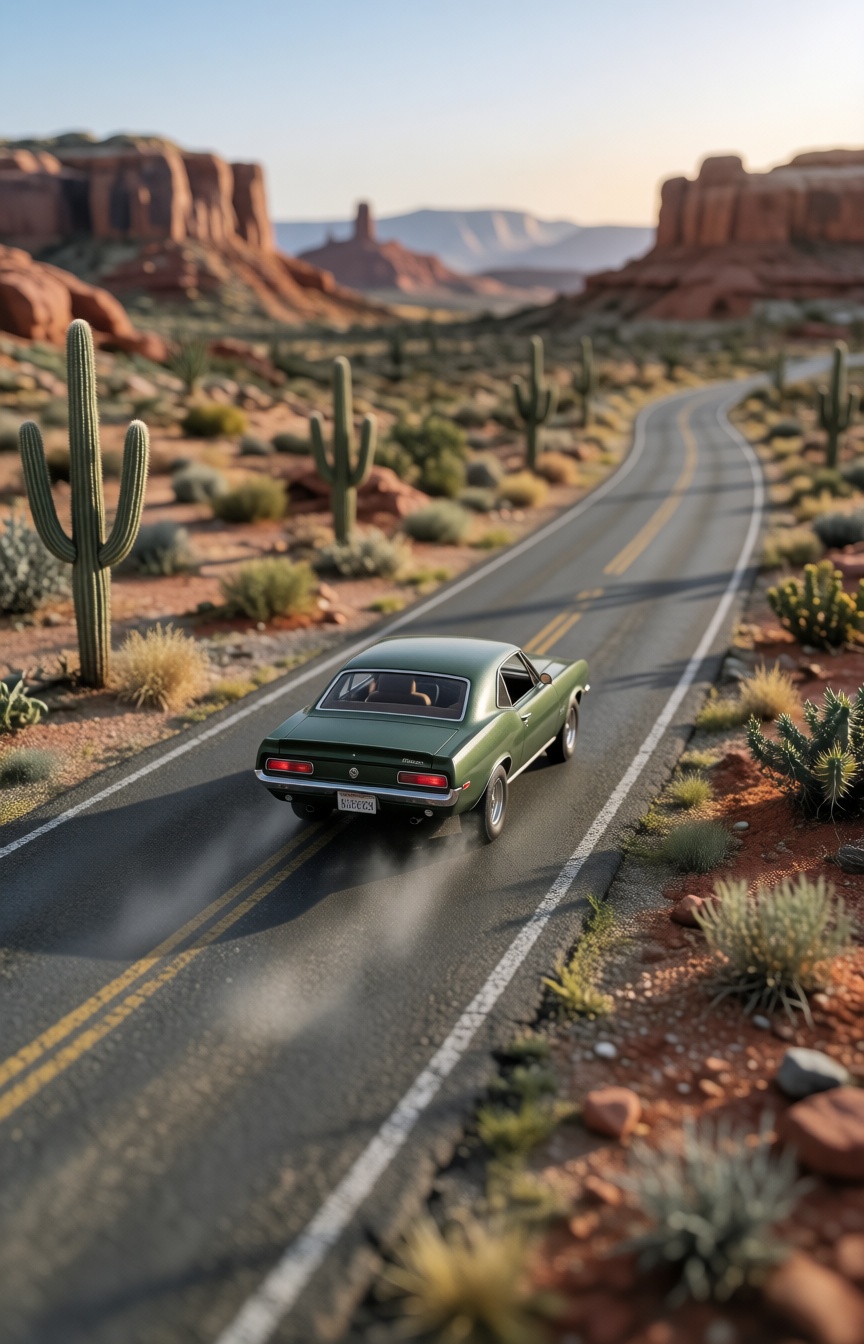 A tiny classic muscle car speeding down an endless desert highway in a miniature world,  tiny cacti and red rock canyons i...