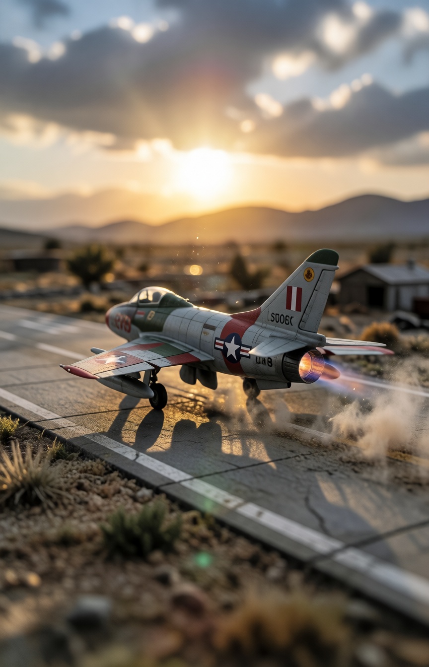 Miniature diorama,  vintage jet fighter taxiing fast on a dusty desert runway at sunset,  dramatic backlit clouds on Tenso...