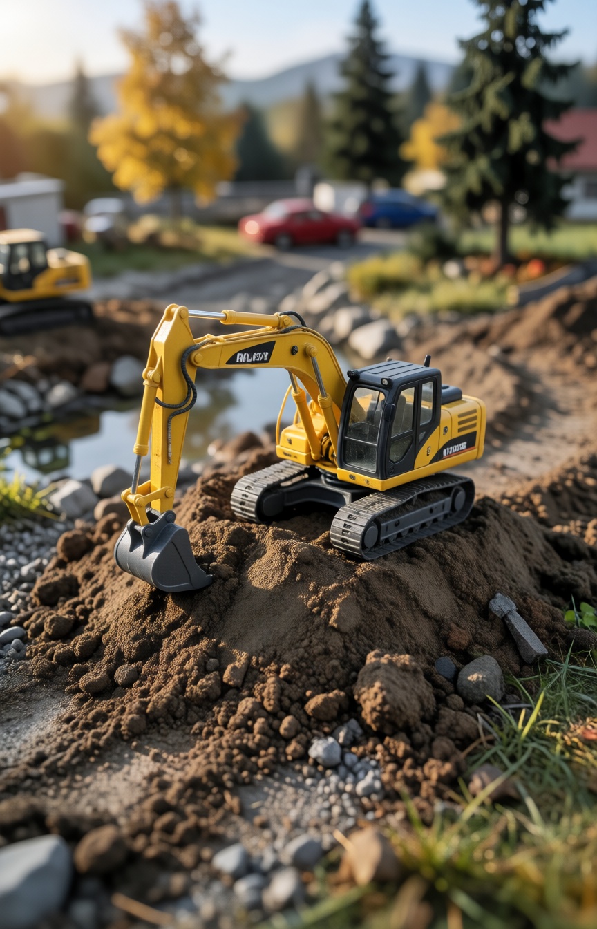 A tiny yellow excavator working on a dirt mound in a miniature world construction landscape,  realistic soil textures,  ti...
