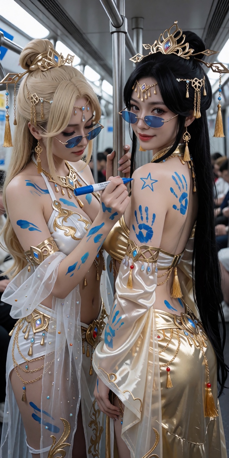 Two ***** Asian women stand in a modern subway car,  wearing gorgeous and exquisite gold and white oriental fantasy-style...
