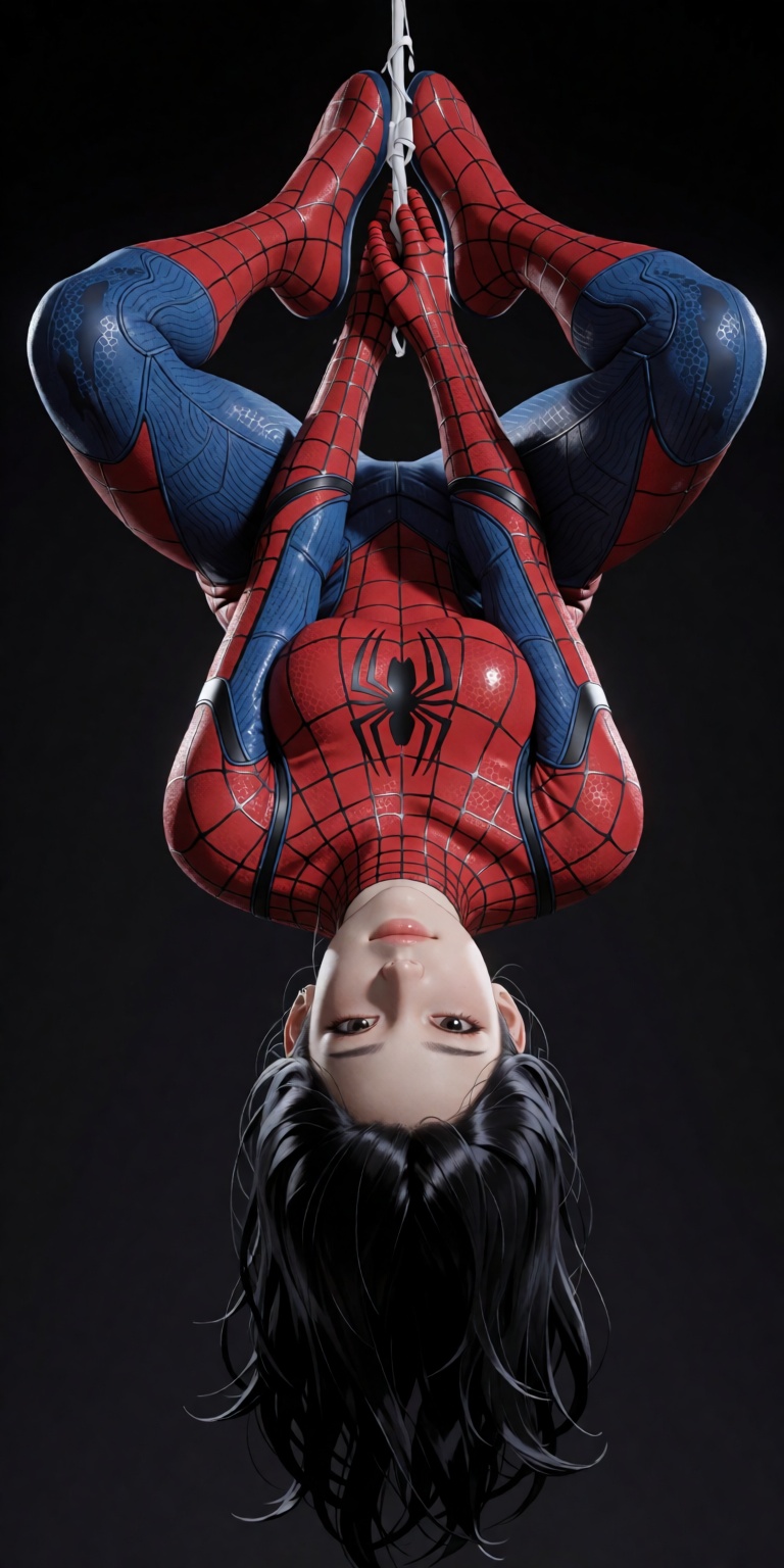 an ultra-realistic studio portrait of a beautiful young East Asian woman hanging upside down from a single web strand. She...