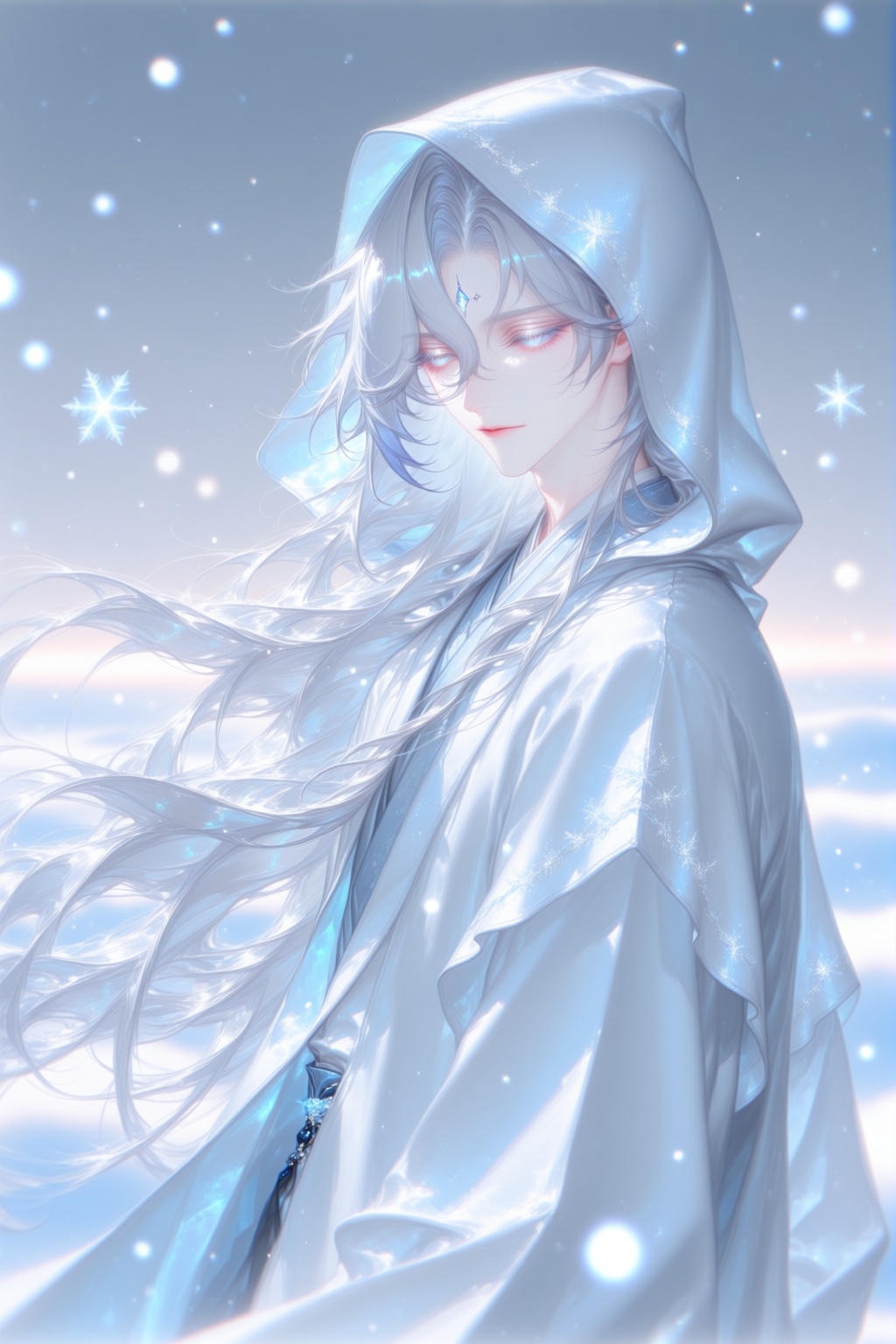 An ethereal and elegant young man with long,  flowing silver-white hair,  soft and silky on Tensor.Art