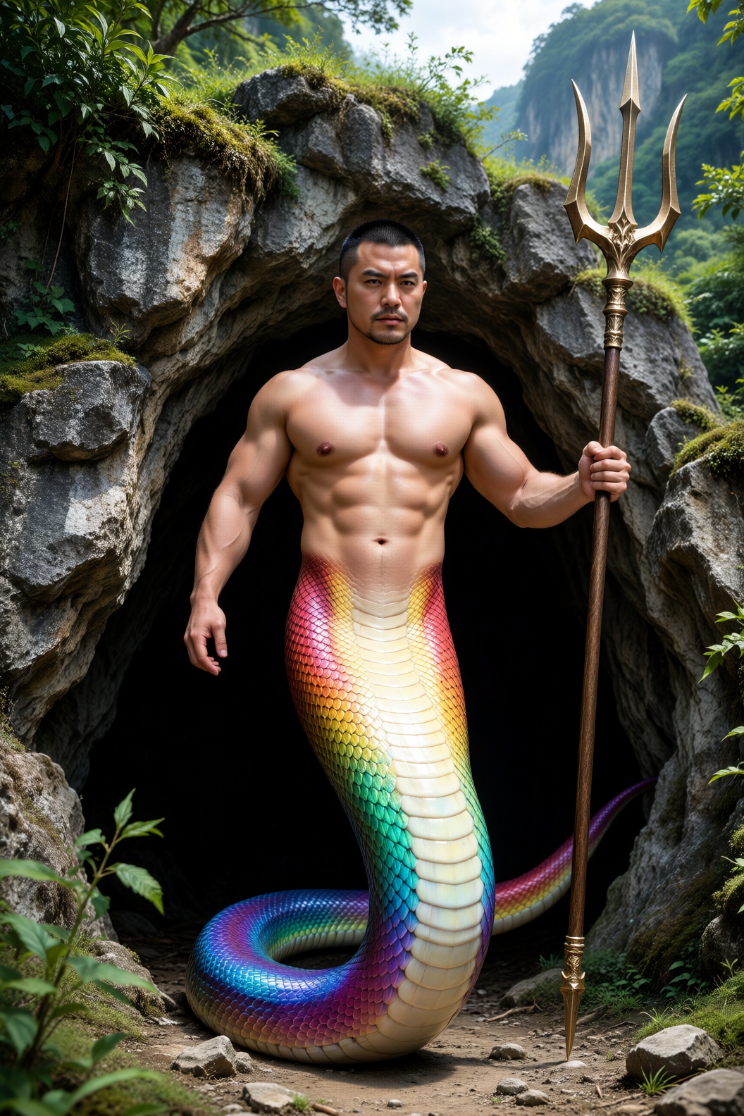 奇幻生物,  亚洲成年男性蛇人,  黑色短寸发 by 一起旅行 on Tensor.Art