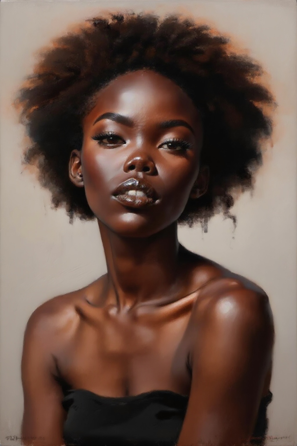 detailed gouache painting featuring a young black woman with afro-puffs,  Her expression is calm,  confident on Tensor.Art