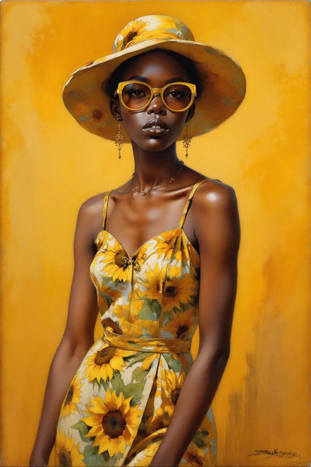 detailed gouache painting featuring a young black woman,  wearing a sunflower print dress and matching wide-brimmed hat,...