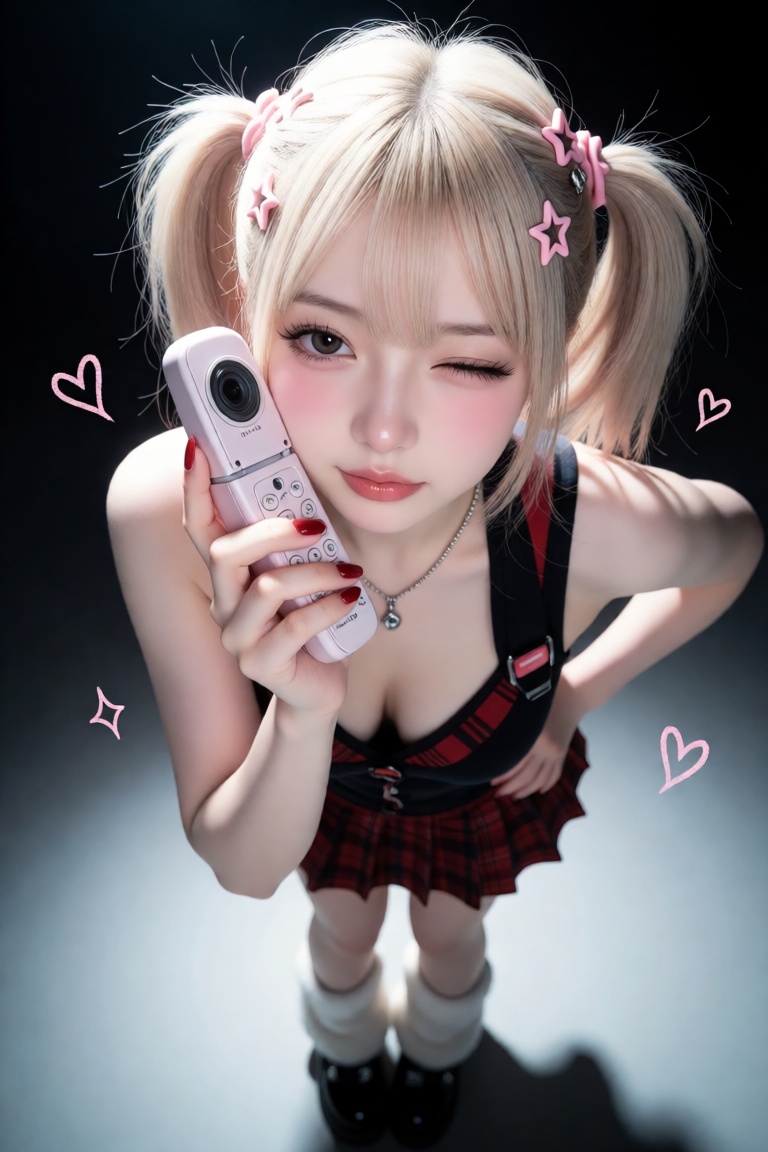 a young woman with platinum blonde pigtails adorned with pink star clips and small silver clips,  standing and holding a v...