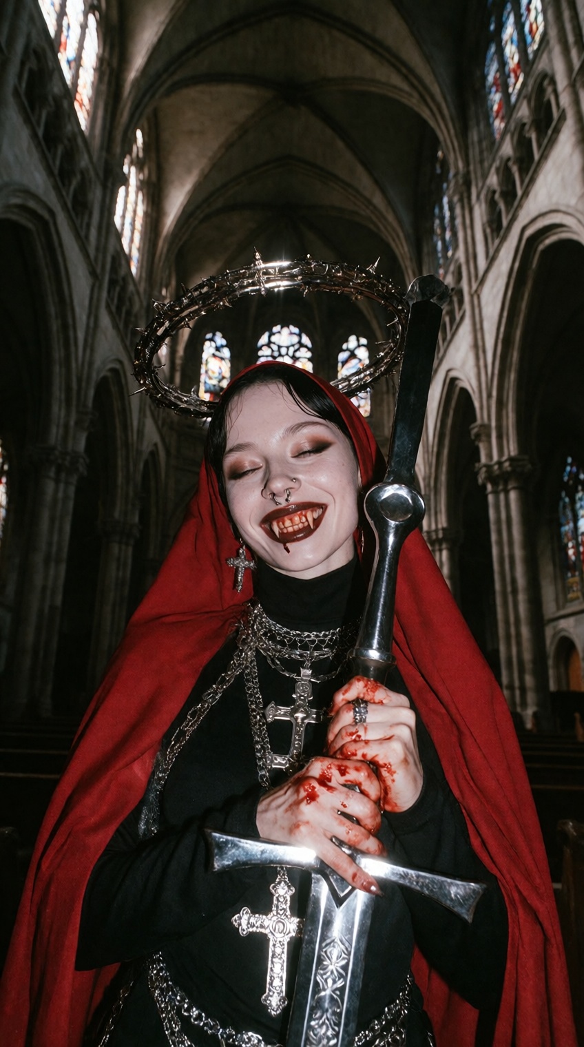 Inside a grand gothic church with soaring stone arches,  a @skaia_lovernicuz poses dramatically while holding a gleaming m...
