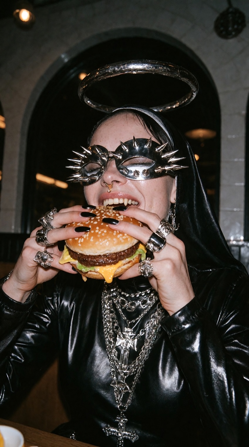 @skaia_lovernicuz,  Inside an aesthetically gothic McDonald's restaurant with dark arches and moody neon lighting,  a stri...