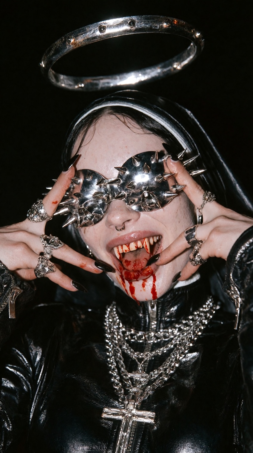 @skaia_lovernicuz,  black leather outfit,  metallic halo on Tensor.Art