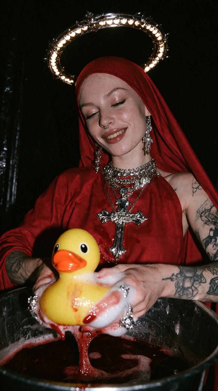 Draped in a rich red hooded garment,  a @skaia_lovernicuz carefully washes a bright yellow rubber duck toy in a dark basin...
